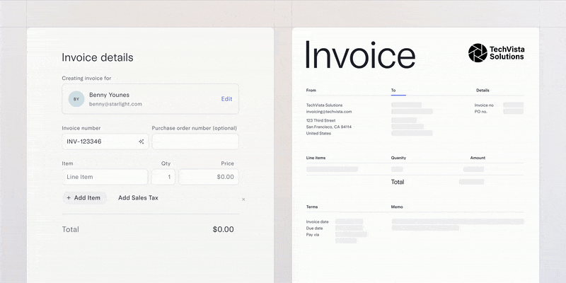 Gif showing how to generate and send an invoice using Mercury Invoicing