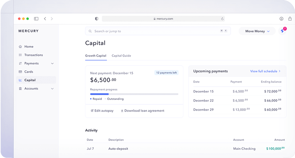 Screenshot of the Mercury Working Capital dashboard