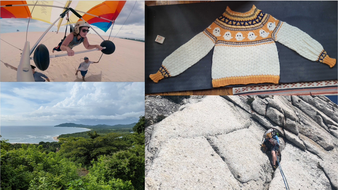 A collage of four photos: a Mercury employee hand gliding, a hand-knit Halloween sweater, a Mercury employee rock climbing, and a view of a forest along the ocean with clouds in the sky