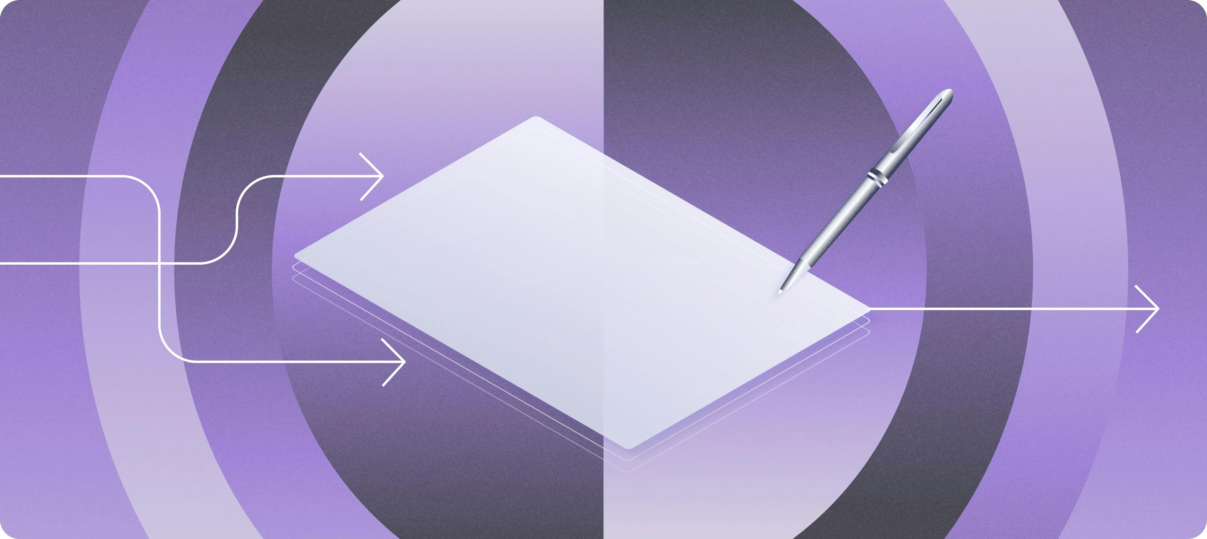 Graphic illustration of piece of paper with pen writing on it and various arrows on an abstract purple background | How to communicate a strong brand narrative to investors | Mercury