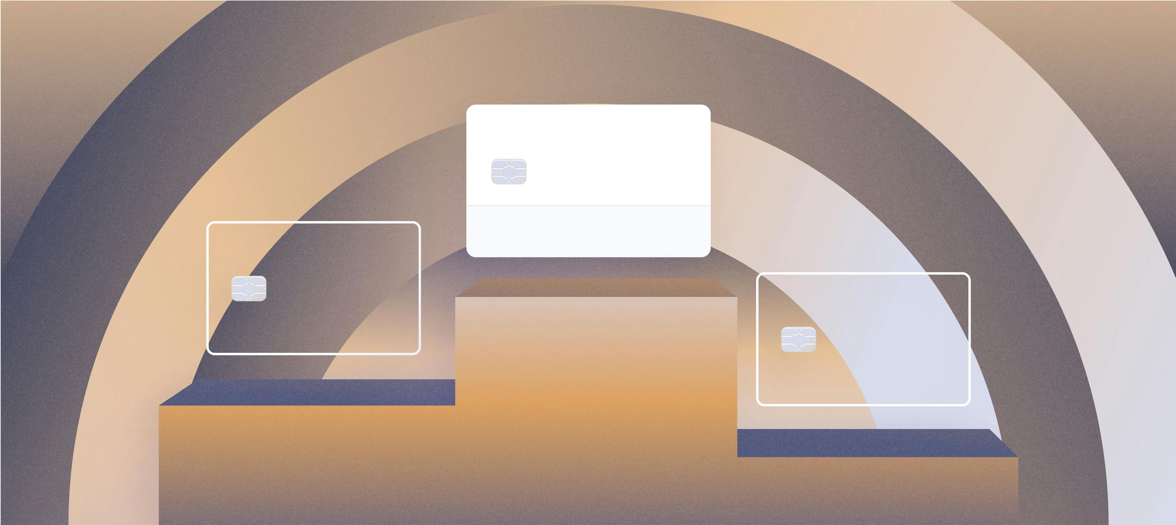 Graphic illustration of three credit cards on pedestals of varying heights | Choosing the best corporate card for your startup | Mercury