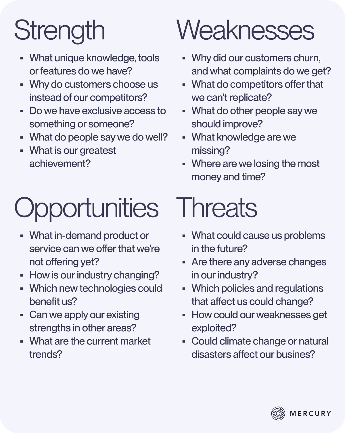 Graphic of the SWOT analysis matrix with strengths, weaknesses, opportunities, and threats | Mercury