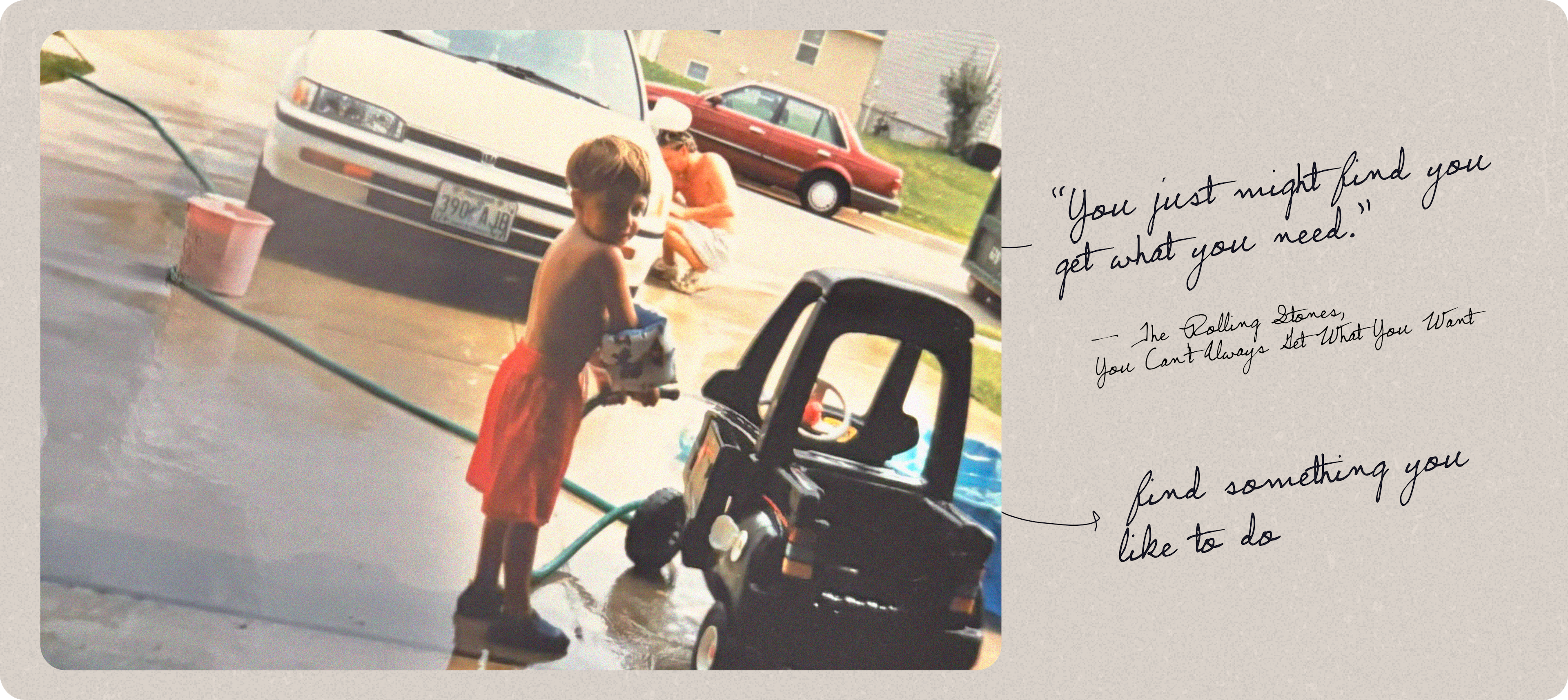 Archival family photograph of a young Tyler Denk washing car with his dad in the background and handwritten notes and Rolling Stones lyrics on the side | Memory Bank: Tyler Denk, co-founder and CEO of Beehiiv | Mercury
