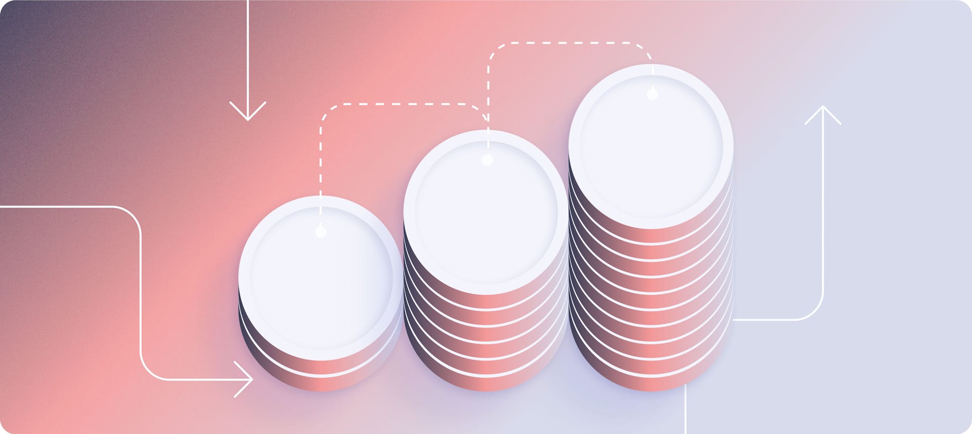 Graphic illustration of stacks of coins with arrows pointing in different directions | How to create a travel and entertainment (T&E) expense policy for your startup | Mercury