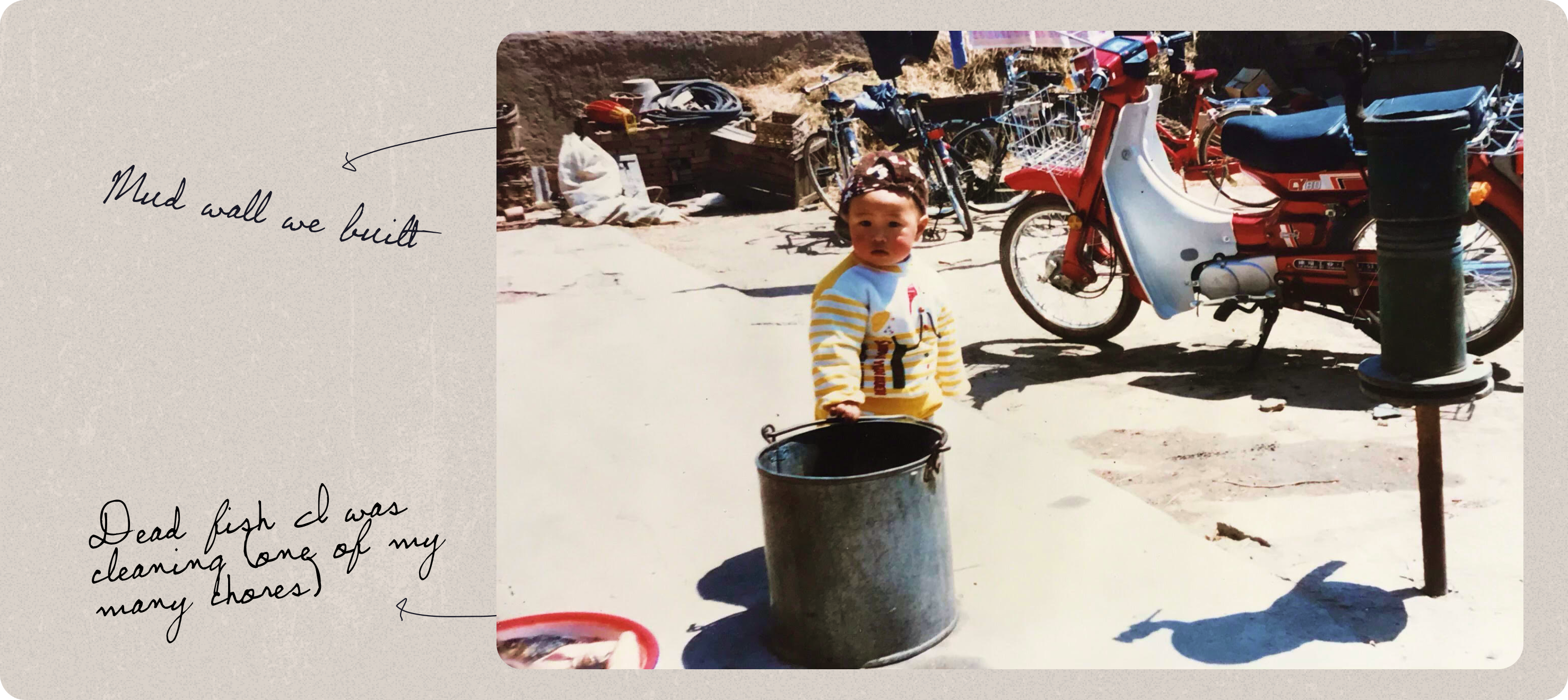 Archival family photograph of a young JJ Tang in Mongolia with a bucket of fish, motorcycle and mud wall in the background, as well as handwritten notes on the side | Memory Bank: JJ Tang, co-founder and CEO of Rootly | Mercury
