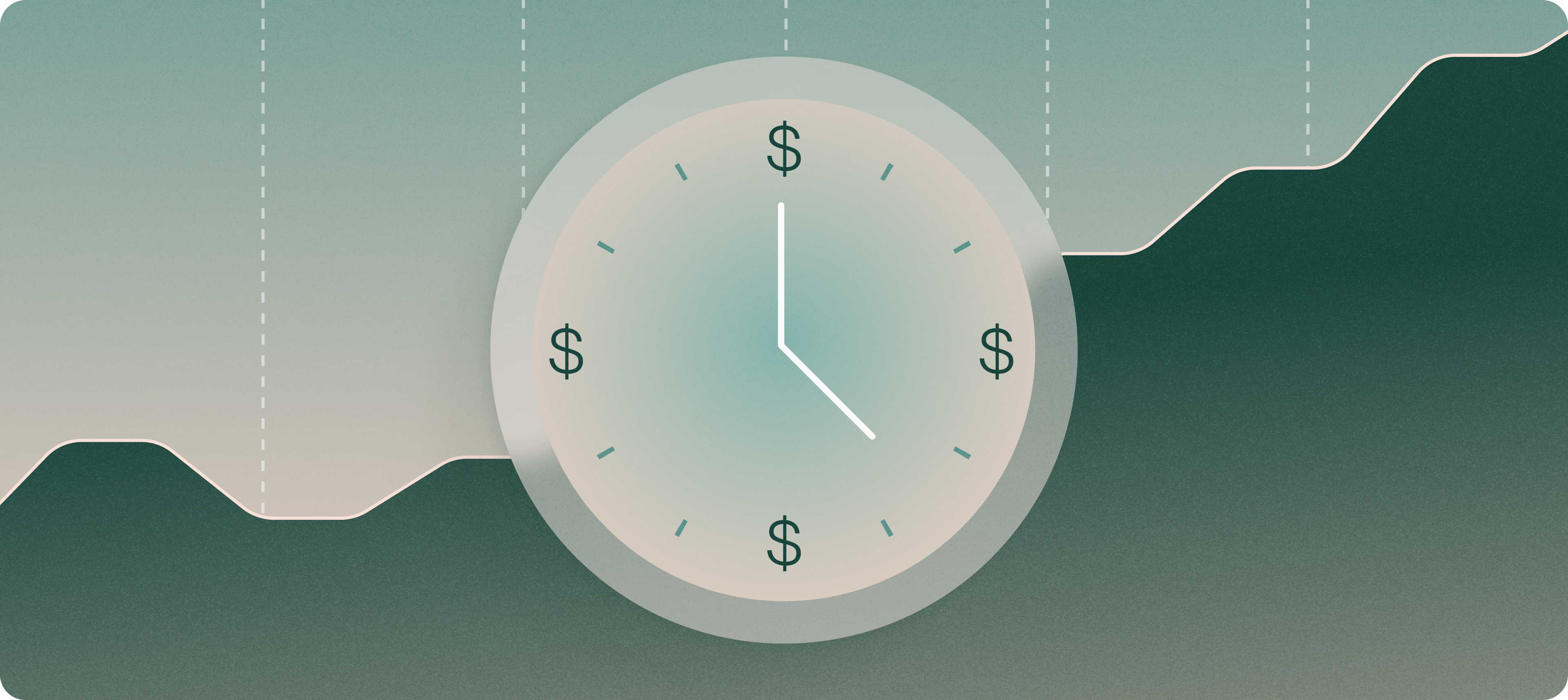 Graphic illustration of a clock with dollar signs in place of numbers and growing line chart in the background | Making the first finance hire for your startup | Mercury