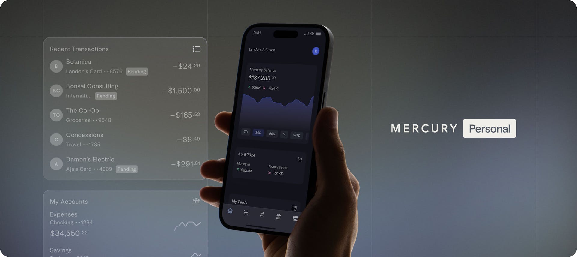 Graphic design of Mercury Personal banking, with hand holding phone showing the dashboard and preview of transaction feed on the left | Announcing the launch of Mercury Personal | Mercury