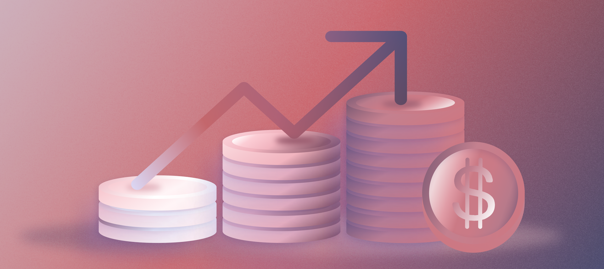 Graphic illustration of money stacks and coins with arrow pointing up on a red-blue background | Ways to diversify revenue for your startup | Mercury
